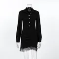 Close-up of black slim fit shirt dress featuring elegant lace trim and pleated waist. - S / Dresses / Black