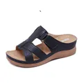 Comfortable navy blue wedge sandals for women with hollow-out design and velcro strap - 36 / Black