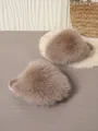 Premium warm fluffy faux fur slippers for women in elegant khaki brown color with soft sole - Khaki