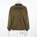 Volledig vooraanzicht van retro kaki suède bomberjack getoond op een transparante pop - S / Tops / Khaki