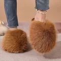 Plush brown faux fur slippers with cozy flat sole design - Turmeric