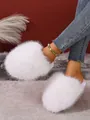 Elegant white fluffy faux fur house slippers for women with flat warm closed toe design - White