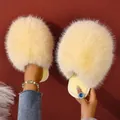 Stylish cream fluffy faux fur slippers for women featuring warm autumn winter lining - Yellow