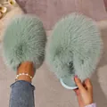 Cozy sage green fluffy faux fur slippers for women with soft plush finish for winter - Green
