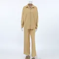 Completo casual a due pezzi in cotone e lino kaki con camicia e pantaloni lunghi. - Taglia S / Top E Pantaloni / Kaki