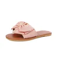 Detailansicht der rosa Schleifen-Sandale mit brauner flacher Sohle und weißen Nähten - 36 / Rosa