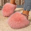 Cozy pink fluffy faux fur slippers for women with flat soles - Orange