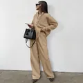 Khaki oversized tracksuit set with half-zip sweatshirt and wide-leg joggers for women - S / Top And Bottom / Khaki