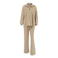 Khaki loose sweatshirt set with half-zip stand collar and matching wide-leg trousers - S / Top And Bottom / Khaki