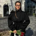 Elegant black belted trench coat with statement shoulders for autumn winter - S / Tops / Black