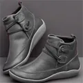Stylish women's grey textured leather flat ankle boots featuring decorative side straps - 35 / Dark Gray