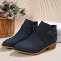 Dark blue pointed toe Chelsea boots with cross straps and side zipper, mid-heel style - Dark Blue