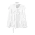 Elegante blusa blanca con cuello en V que incluye volantes y un lazo en el cuello - S / Tops / Blanco