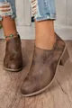 Close-up detail of women's vintage brown distressed chunky heel ankle boots for fall - Coffee