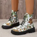 Modische Damen-Schnürstiefel mit Blumenmuster und klobiger schwarzer Sohle - 36 / Braun