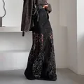 Elegant vintage black see-through lace maxi skirt with intricate floral embroidery - S / Black