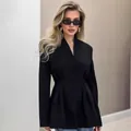 Elegant black V-neck cinched-waist blazer with single-breasted buttons and pleated detail. - S / Tops / Black