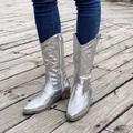 Stylish women's metallic silver western cowboy boots with pointed toe and sturdy block heel - 36 / Silver