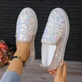 Detaillierte Ansicht der modischen schillernden Pailletten-Loafer mit runder Kappe - 35 / Rosa