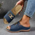 Navy blue wedge slides for women with stylish gold buckle and peep toe design detail - 38 / Dark Blue