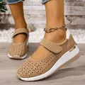 Women's summer hollow wedge sneakers with breathable cutouts and adjustable velcro straps - 36 / Tan
