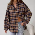 Oversized coffee-colored plaid button-up shirt with lapel collar for women casual style - S / Tops / Coffee Plaid