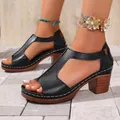 Professional close-up of black T-strap wedge sandals with stylish peep-toe design - 36 / Black