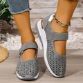 Grey hollow-out sports Mary Jane shoes with breathable laser-cut design and wedge platform - 36 / Gray