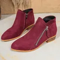 Bottines en daim bordeaux à la mode avec talons blocs bas et fermetures éclair latérales - 35 / Fuchsia