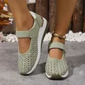 Stylish light green breathable hollowed-out wedge shoes with velcro strap for summer - 36 / Green