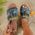 Bohemian flat beach sandals with colorful patterns and tassels for women's summer style. - 36 / Blue