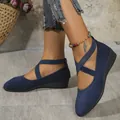 Stylish navy blue suede wedge flats featuring elastic cross straps for women's wear - 36 / Navy Blue Elastic Band