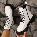 White patent leather thick sole Martin boots with retro British style lace-up design - 35 / White