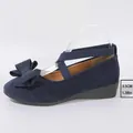 Navy blue suede women's wedge shoes with bow and cross elastic straps - 38 / Navy Blue Elastic Bowknot