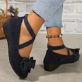 Detailed view of navy blue suede wedge shoes featuring an elegant bow and cross straps - 38 / Black Elastic Bowknot