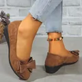 Brown suede wedge pumps for women with elegant bow detail on toe - 38 / Dark Brown Flower