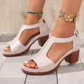 Elegant beige Roman style fish mouth sandals featuring comfortable wood grain chunky high heels - 36 / Off White