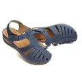 Navy blue women's wedge sandals with a closed-toe cutout design and hook-and-loop strap. - Blue