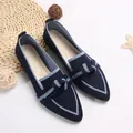 Navy blue fly-knit pointed flat shoes with bow detail for casual spring wear. - Navy Blue