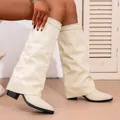 Stylish white suede pointed-toe fold-over block heel boots for women in autumn - 36 / Suede Style / Beige