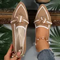 Stylish breathable tan fly-knit women's pointed-toe flat shoes featuring white bow detail - 38 / Brown Pointed Toe