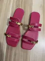 Stylish magenta flat slippers with double straps and gold buckle details for summer wear - 36 / Rose Red