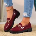 Elegant burgundy patent leather loafers featuring a gold chain detail and chunky black sole - Burgundy Patent Leather with Metal Buckle (Red Buckle)
