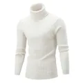 Close-up of white slim fit men's cable-knit turtleneck sweater with ribbed cuffs - M / Tops / White