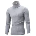 Detailed view of men's grey slim fit turtleneck sweater with cable knit pattern - Light Gray