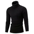 Detailed close-up of a black men's slim-fit cable-knit turtleneck warm sweater - M / Tops / Black