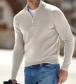 Slim fit men's half-zip cashmere sweater in oatmeal beige for autumn and winter wear. - Apricot