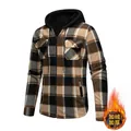 Men's thick thermal fleece lined plaid hooded jacket with zip closure and warm lining - S / Tops / Khaki