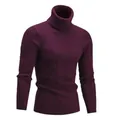 Men's slim-fit cable-knit turtleneck sweater in deep purple for autumn and winter wear - Burgundy