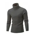 Men's dark grey cable knit turtleneck sweater, slim fit warm knitted base layer top. - Dark Gray